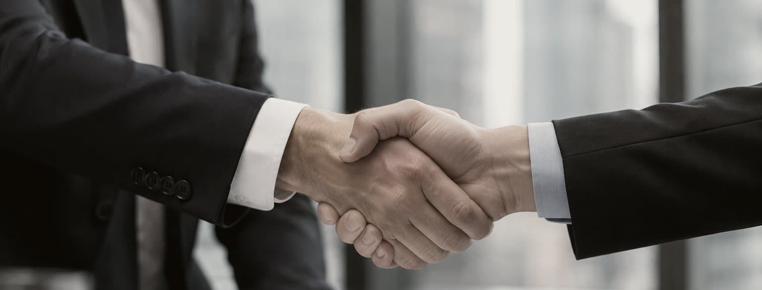 Two advisors shaking hands after closing a transaction