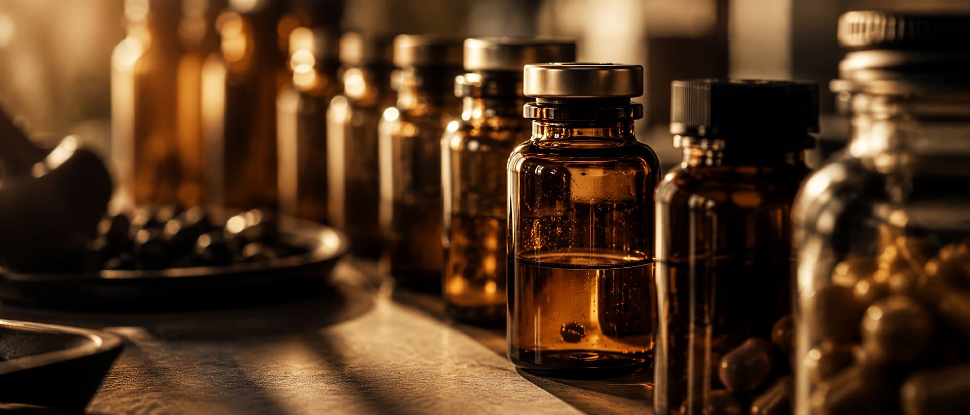 Amber glass vials and supplement bottles, representing nutraceutical and diagnostic manufacturing